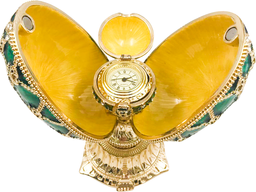 Яйцо пасхальное открывающееся "Часы с короной" с сюрпризом, цвет зелёный